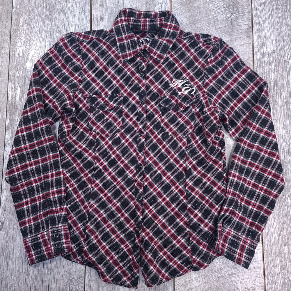 Harley Davidson Button Flannel Shirt Womens Small Red Plaid Embroidered Logo LS